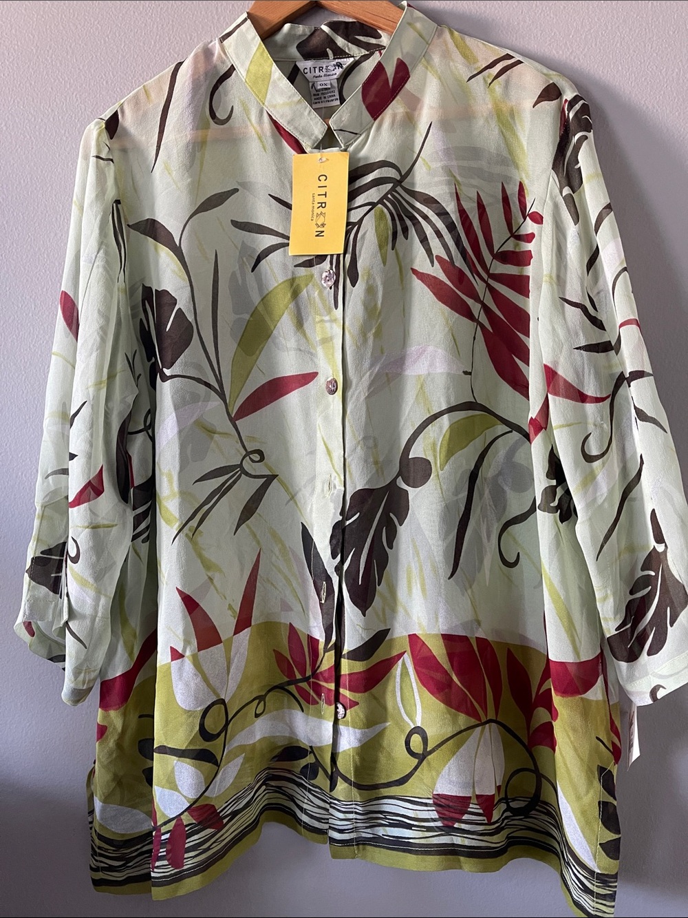 Citren Floral Silk chiffon Button-Front Blouse in Pale Green
